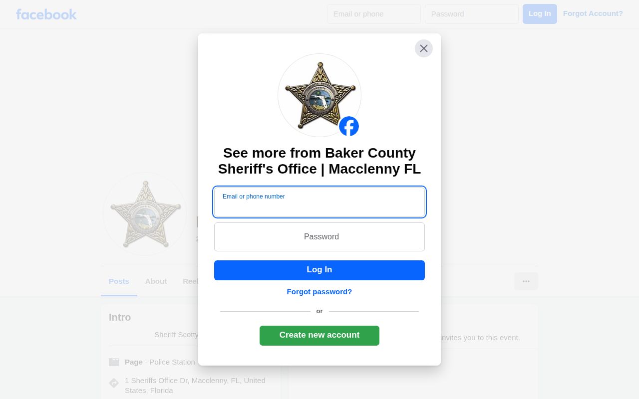 Official Baker County Sheriff’s Office Facebook account used for Macclenny county law-enforcement communication