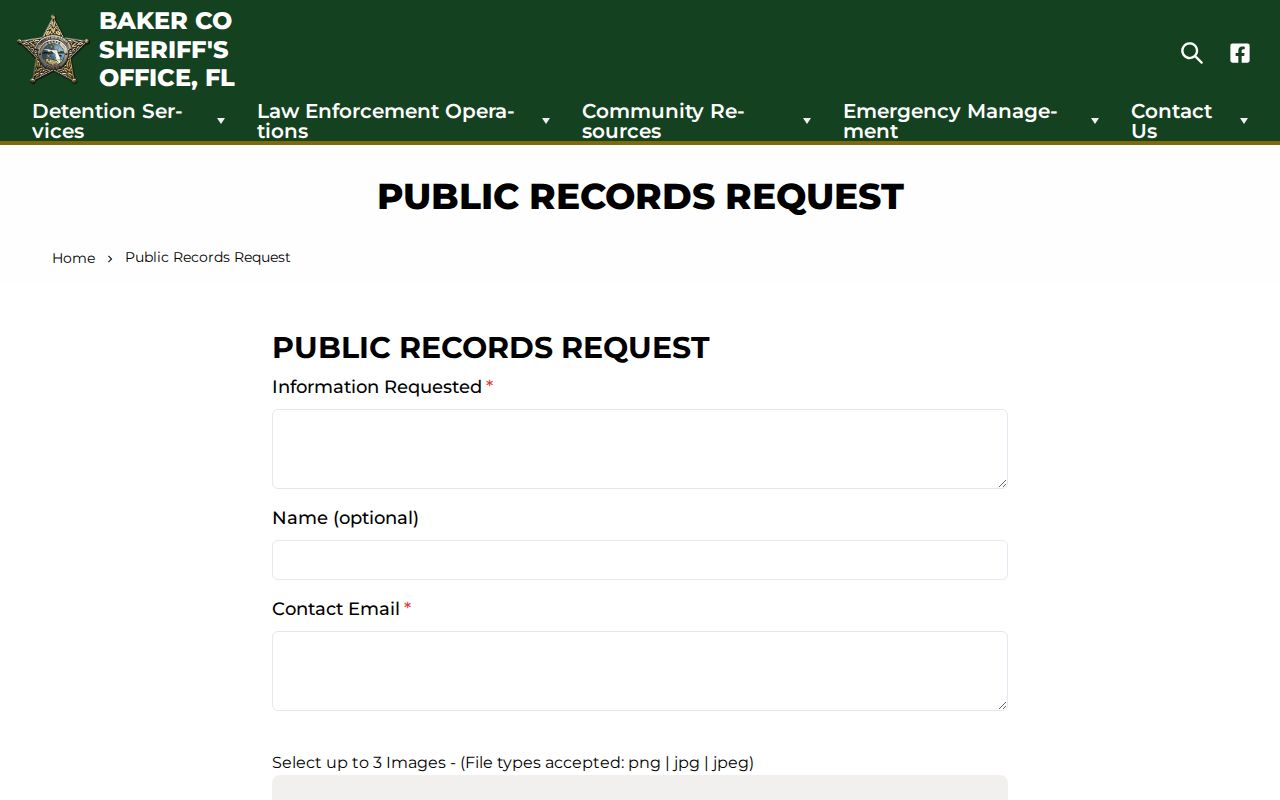 Baker County arrest records request form fields