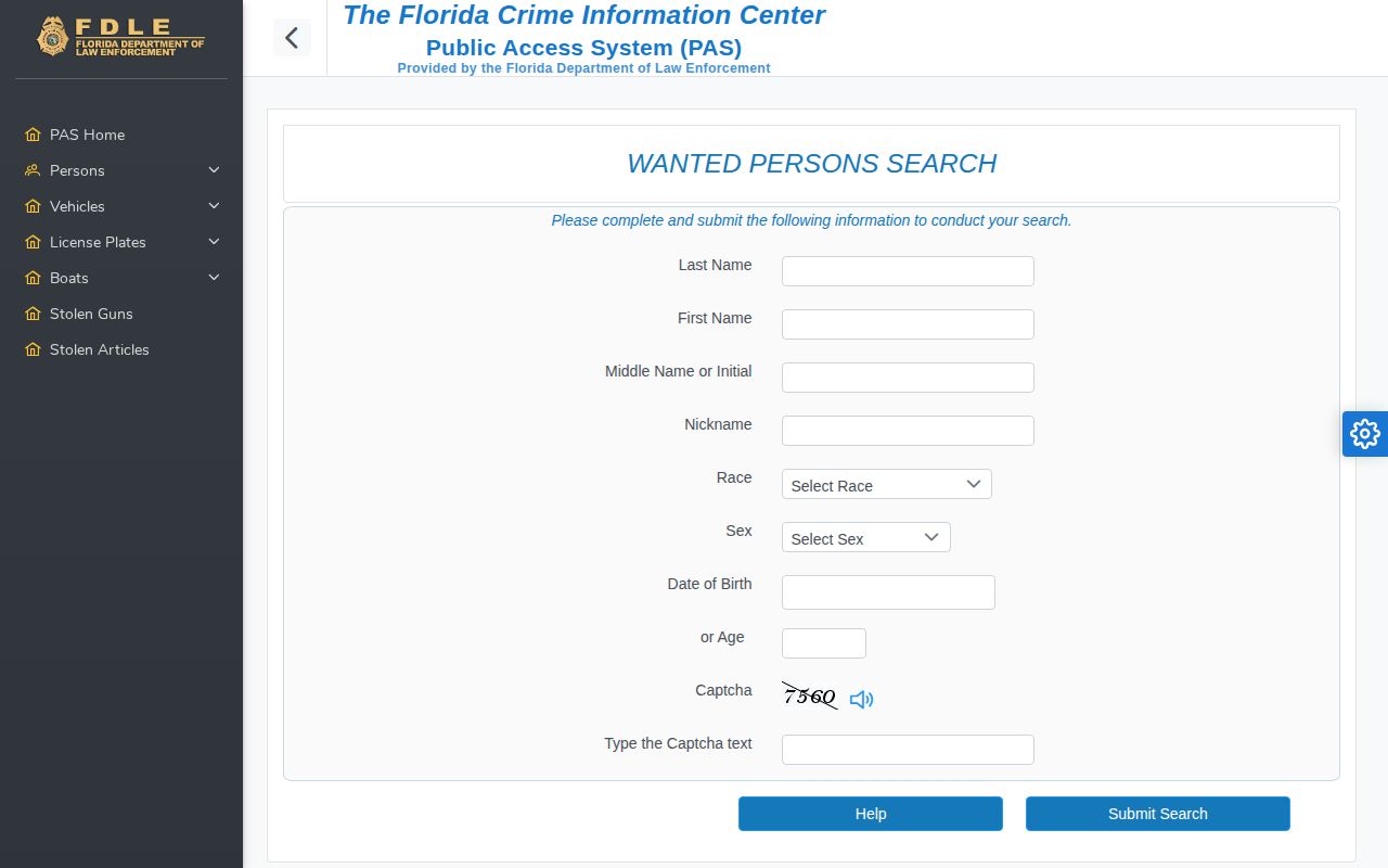 FDLE Baker County arrest warrant search fields