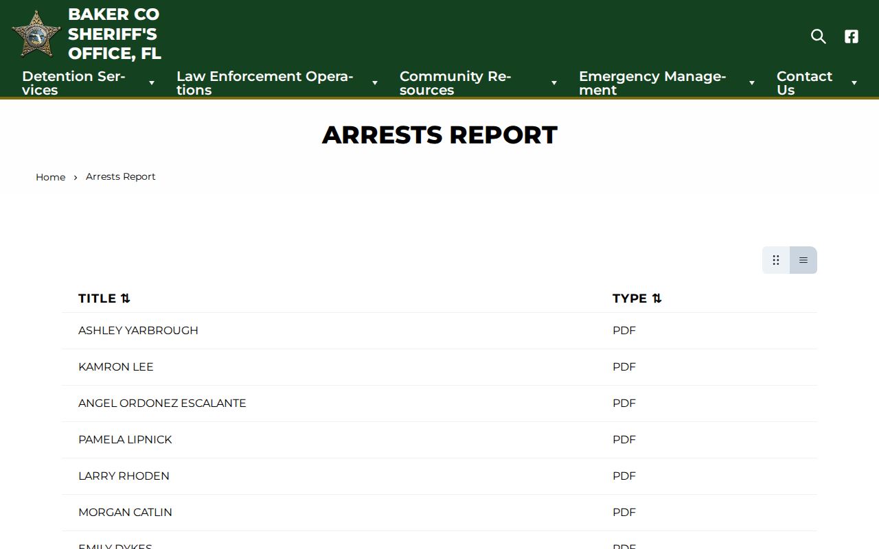 Baker County Sheriff’s Office Arrests Report index showing named PDF documents