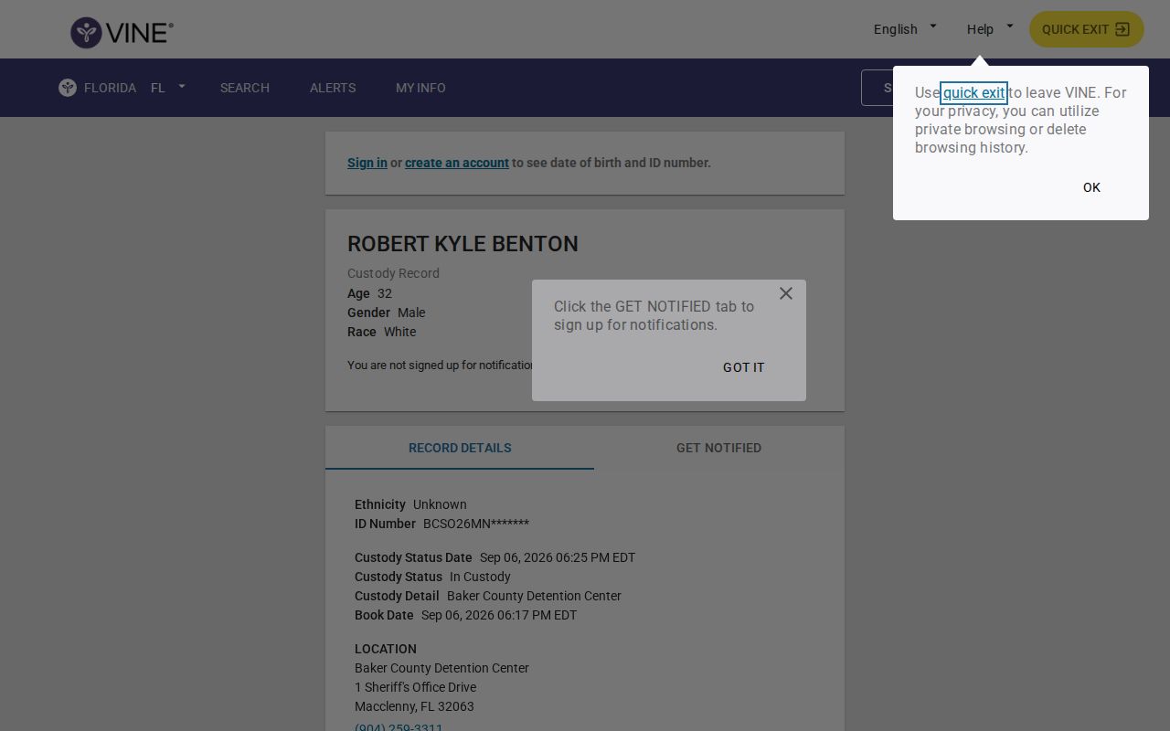 VINELink record-level Notify Me interface reached from a Baker County roster record