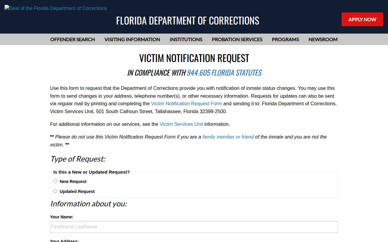 Florida Department of Corrections Victim Notification Request registration form