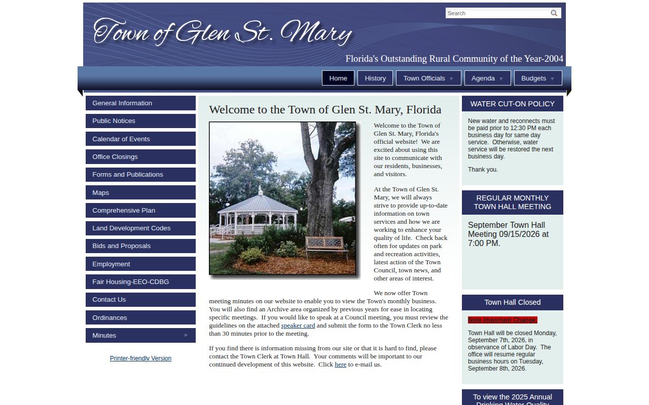 Official Town of Glen St. Mary website showing municipal identity and public information navigation